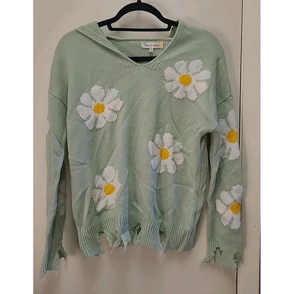 Hazel Moon Tops - Hazel Moon Hoodie Sweater Womens M Green Daisy Floral Boho Hippie Indie Distress